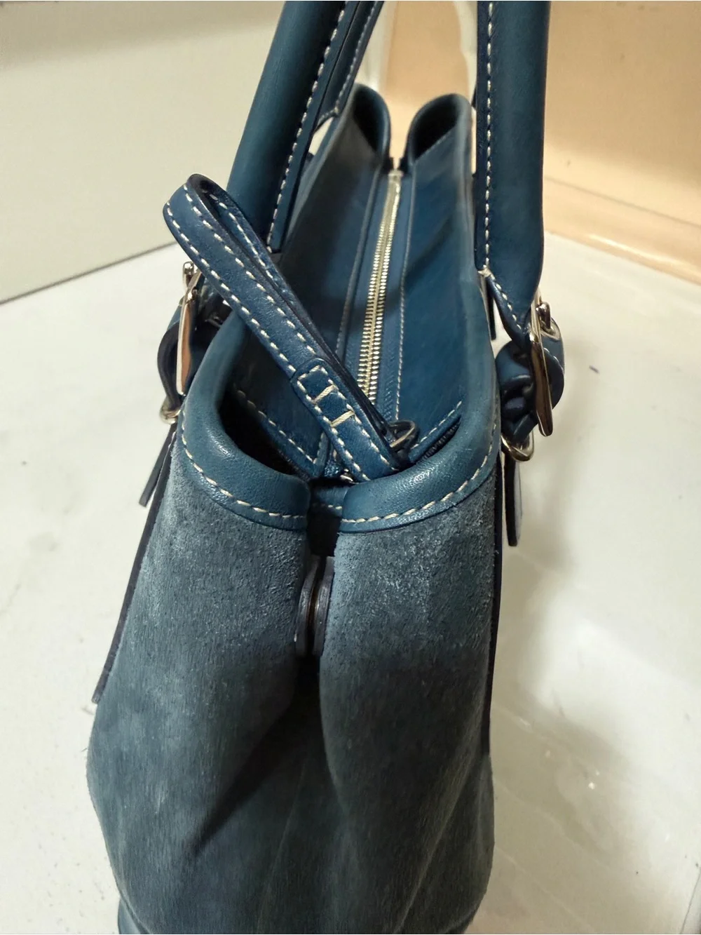 Suede and leather handbag, Coach Hampton satchel